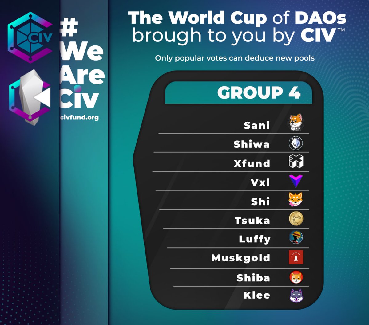 Group 4 pool IS LIVE!  🌏🏆🏁🫡
⏳End Dec 24th 7:00 pm (UTC)

Join $CIV telegram chat and support your favorite project: t.me/civsettlers

<a href="/SANININU/">SANIN - The SHIBA INU Killer</a> <a href="/Shiwa_finance/">Shiwa</a> <a href="/UnificationUND/">Unification $FUND / $xFUND / $wFUND</a> <a href="/VoxelXnetwork/">Voxel X Network</a> <a href="/ShinaToken/">Shina</a> <a href="/Dejitaru_Tsuka/">Dejitaru Tsuka</a> <a href="/luffyinutoken/">Luffy Token Official</a> <a href="/Muskgold/">Musk Gold</a> <a href="/Shibtoken/">Shib</a> <a href="/KleeKaiETH/">KleeKai 💜</a>