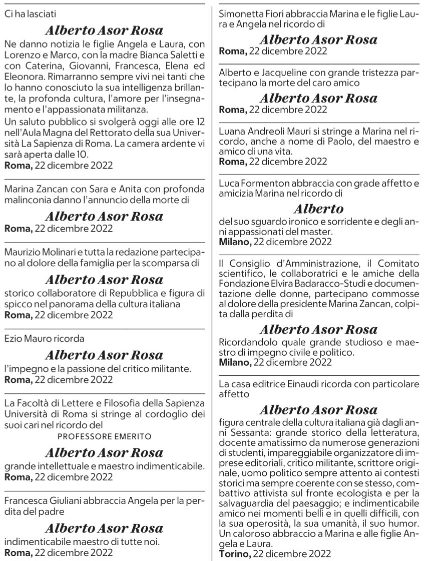 Osservatorio Necrologi Vip. 
RIP #AlbertoAsorRosa