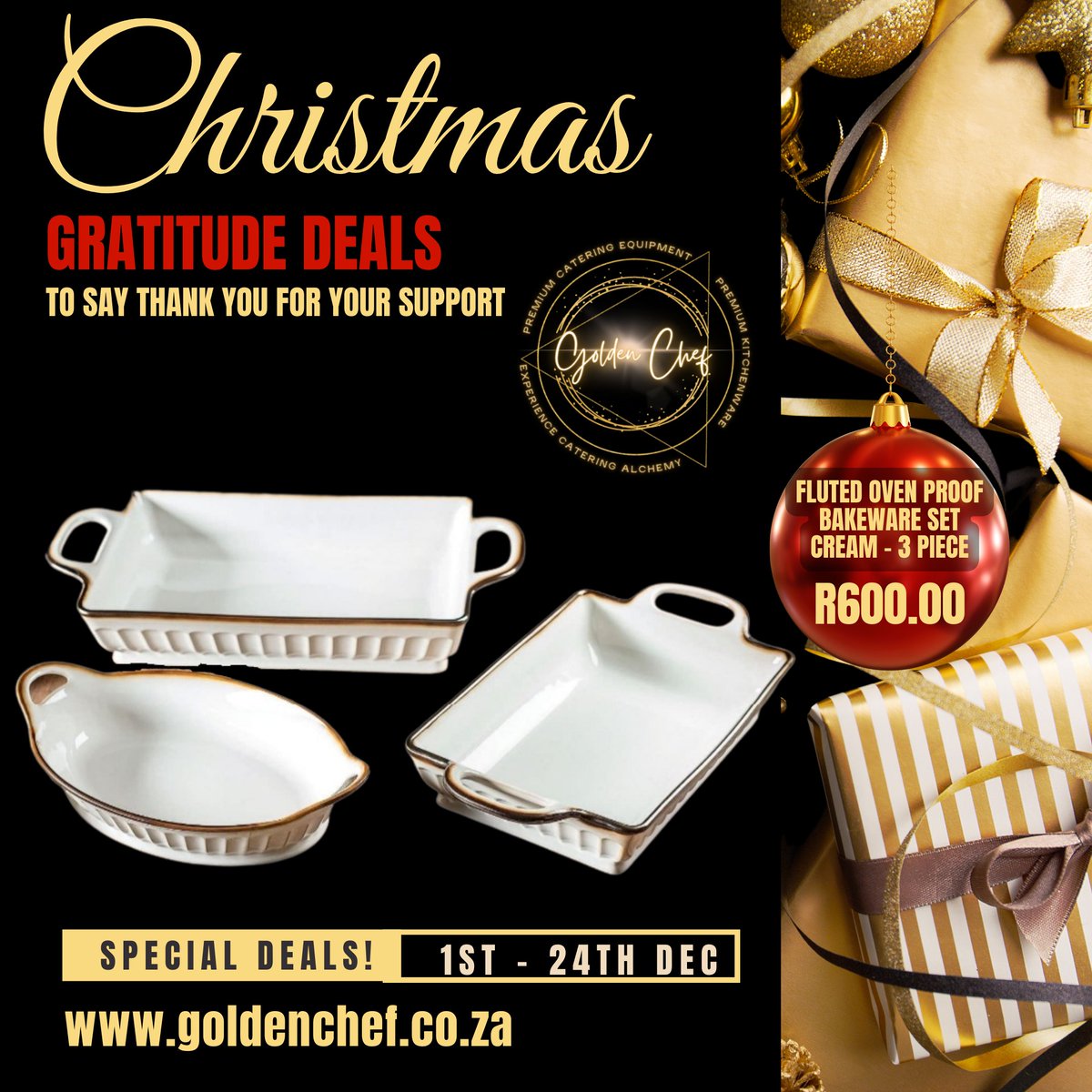 GoldenChefSA's tweet photo. Christmas Specials!!
Are you in need of a Bakeware Set? We have a Christmas special on this lovely Fluted Bakeware Set.
If you need one of these sets, shop with us online or at our Cape Town showroom. https://t.co/eBpZHbv1uJ
#goldenchef #christmasdeals #bakewareset #cream https://t.co/0matYC2b5D