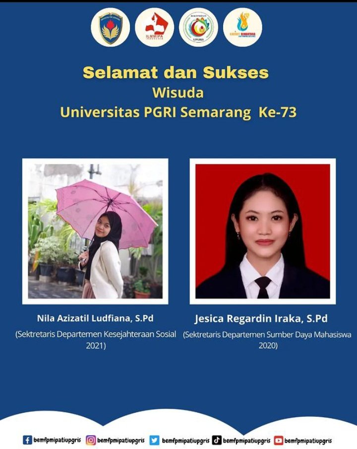 bemfpmipati's tweet photo. [HAPPY GRADUATION KE-73]

Kamu segenap keluarga Badan Eksekutif Mahasiswa Fakultas Pendidikan Matematika, Ilmu Pengetahuan Alam, dan Teknologi Informasi mengucapkan selamat dan sukses atas tercapainya tingkat strata 1(S-1) bagi wisudawan dan wisudawati alumni BEM FPMIPATI. https://t.co/38phDlP3SS