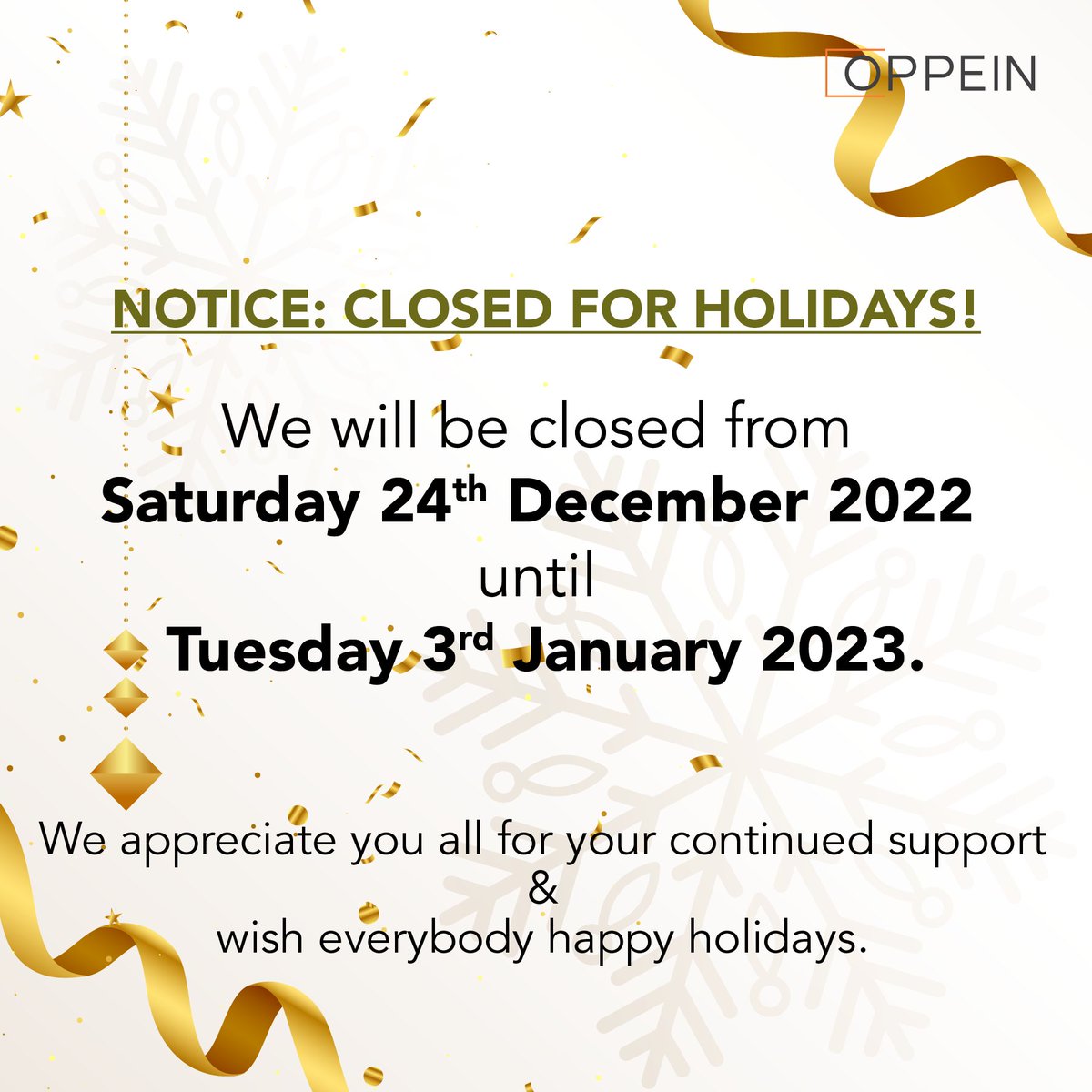 OppeinKE's tweet photo. Our last day in the office will be Friday 23rd December 2022. Normal operations will resume Tuesday 3rd January 2023. 

To schedule for an appointment or seek consultation:

📱0790252961 
📧sales@oppeinkenya.co.ke

#Oppein #OppeinKitchen #OppeinLife #OppeinKenya https://t.co/1umPq7ZGz0