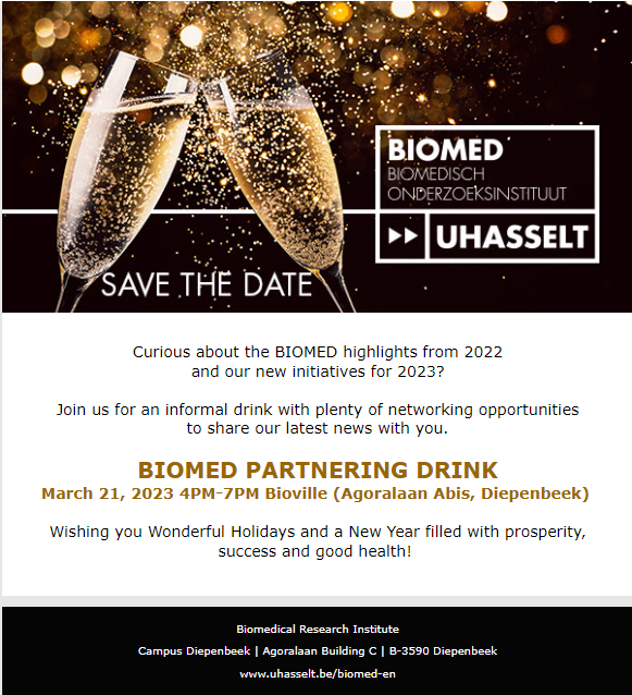 BIOMED_UHasselt's tweet photo. The BIOMED team wishes you Happy Holidays and is looking forward to a New Year with Great Science and Fruitful Collabs.

Save the date for our annual BIOMED partnering drink on March 21st! More news to follow!
@GLW_UHasselt @uhasselt 
#innovation #partnering #lifesciences https://t.co/m12Oyu8jMO