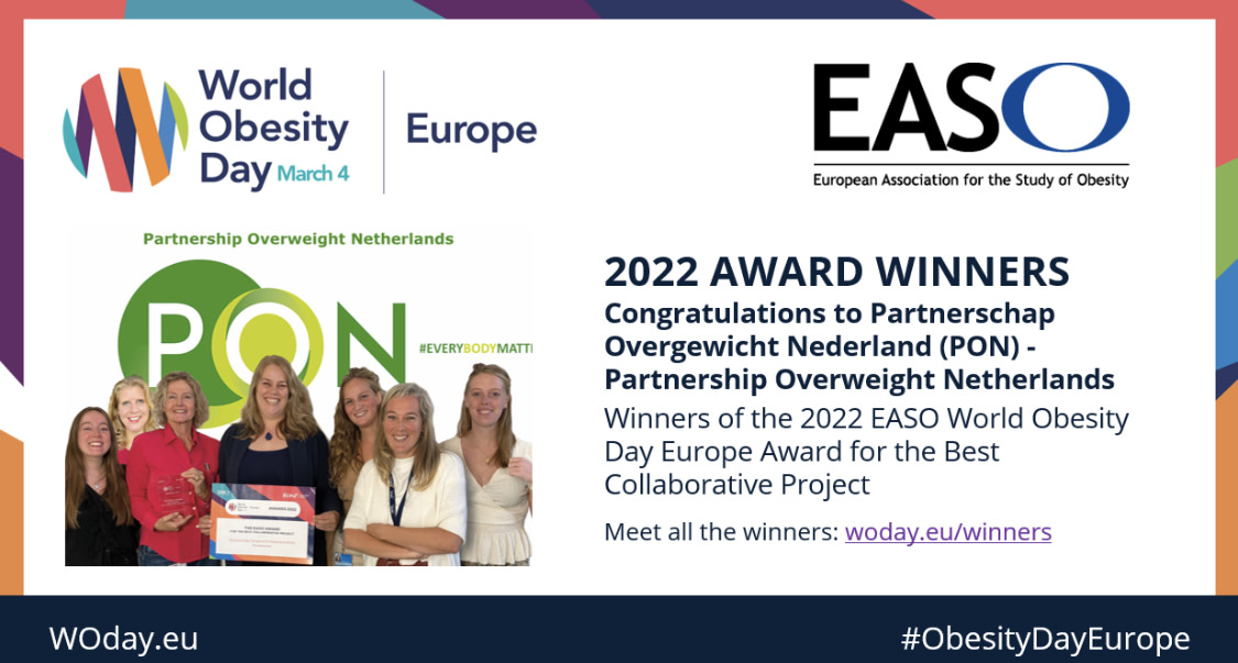 Congratulations to Partnership Overweight Netherlands winners of the 2022 <a href="/EASOobesity/">EASO</a> <a href="/ObesityDayEU/">Obesity Day Europe</a> for the Best Collaborative Project. 👏

Meet all the winners: woday.eu/grants-and-awa…

#obesity 
<a href="/PON_obesity/">Partnerschap Overgewicht Nederland</a>
<a href="/apcoipt/">apcoi</a>
@ptmariosilva
<a href="/agenciazerofoto/">Agencia Zero</a>