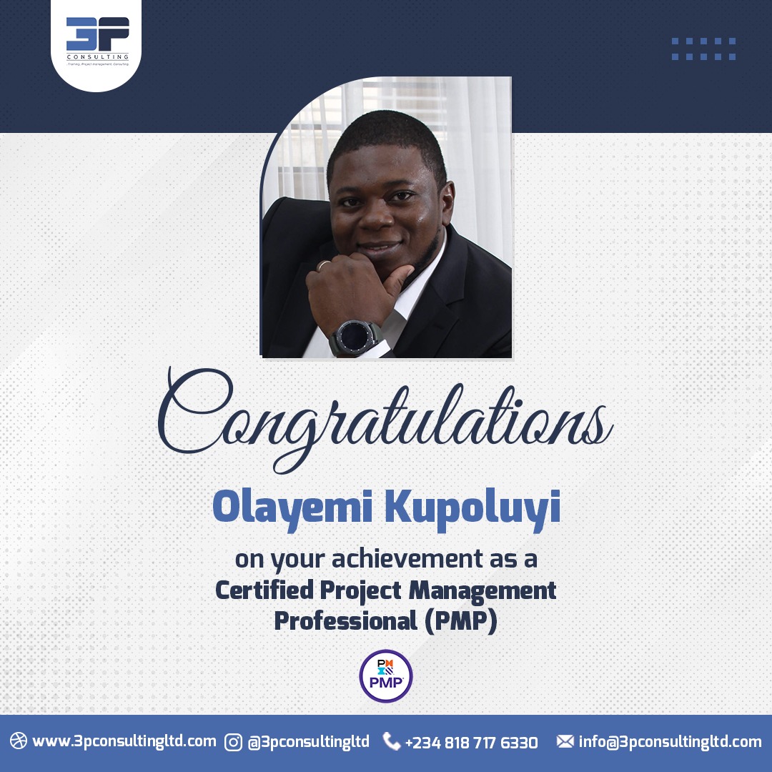 3pconsultingltd's tweet photo. Congratulations Olayemi Kupoluyi on your PMP Certification.#pmpcertified https://t.co/mu0tz0hr2K