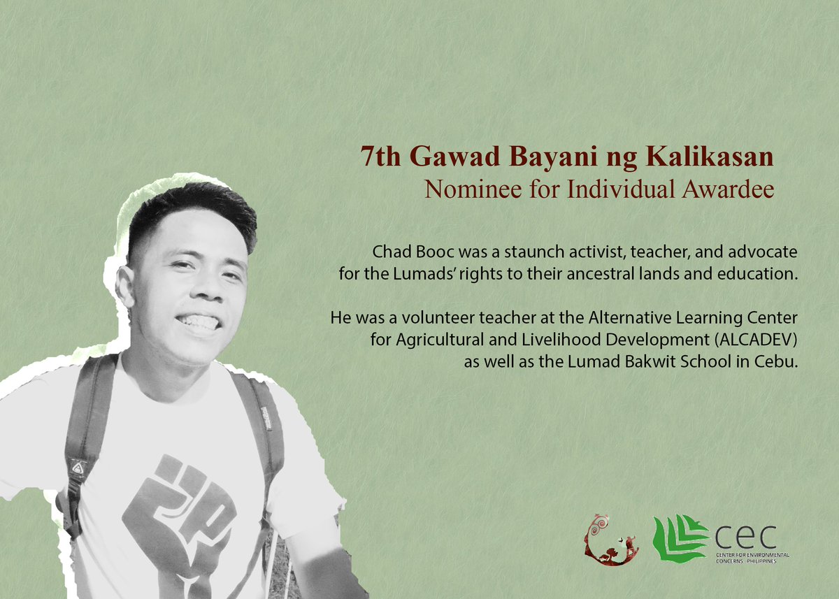 [MEET OUR SHORTLIST]
The 7th Gawad Bayani ng Kalikasan will be on December 28, 2022, 8:00-9:00 pm. Join us in honoring our environmental heroes!
🌱 Register here tinyurl.com/7thGBK
🌱 Follow the event page here fb.me/e/53R288WzP

#BayaniNgKalikasan #DefendTheDefenders