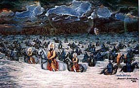 dashmeshpita's tweet photo. While crossing the Sirsa River, the family of Guru Gobind Singh Ji got separated into 3 parts. Mata Gujri along with two younger Sahibzade marched along with Gangu where as Mata Sundri Ji went towards Delhi along with Bhai Mani Singh and other Sikhs. https://t.co/7grE5QcLVH