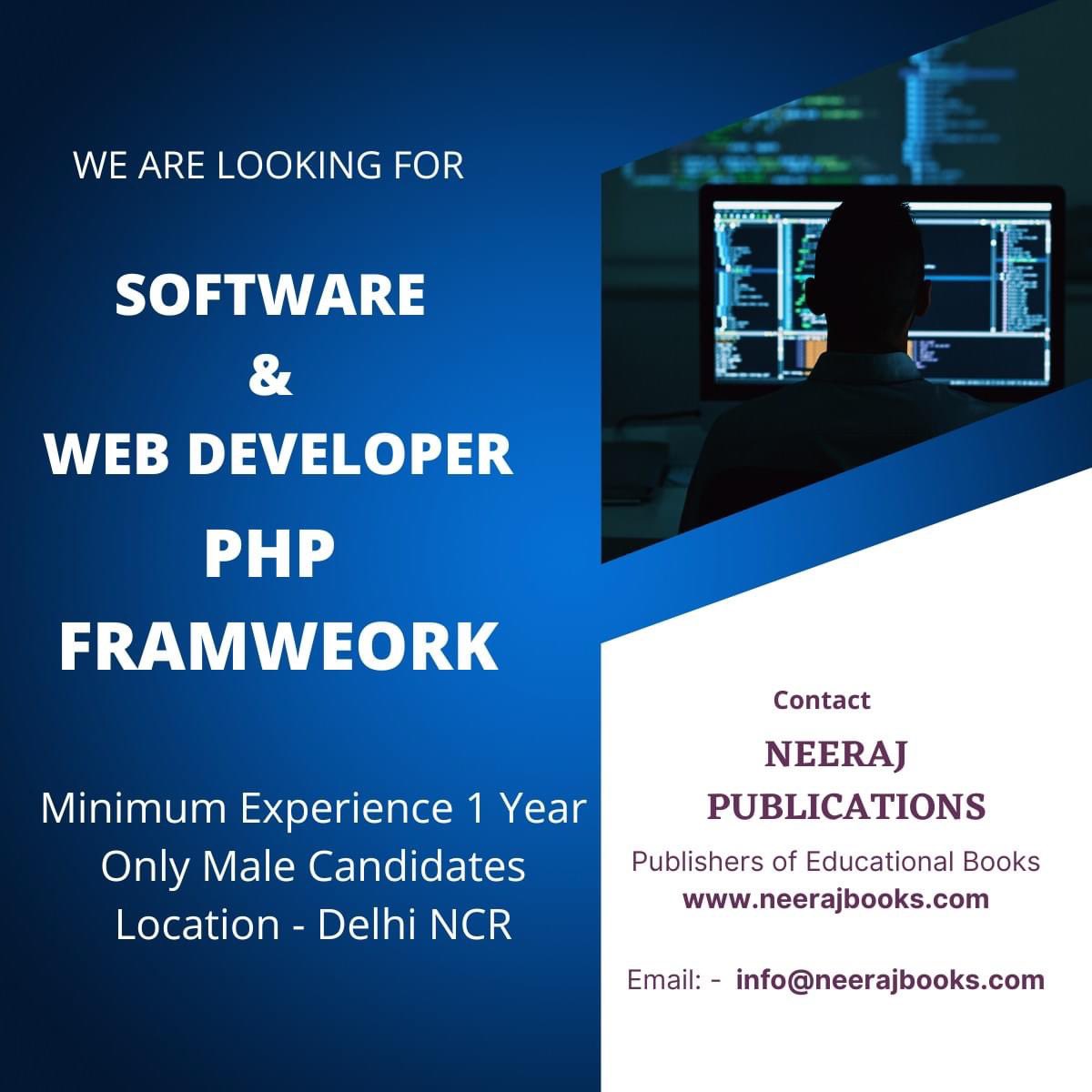 StudyBadshah's tweet photo. Our Company Neeraj Publications are Looking for "Software &amp; Web Developer" having Minimum Experience of 1 year in PHP Language 

Contact   info@neerajbooks.com

#SoftwareDeveloper #WebDeveloper #PHPProgramming #phpdeveloper #job #vacancy https://t.co/ndkemyn7Y3