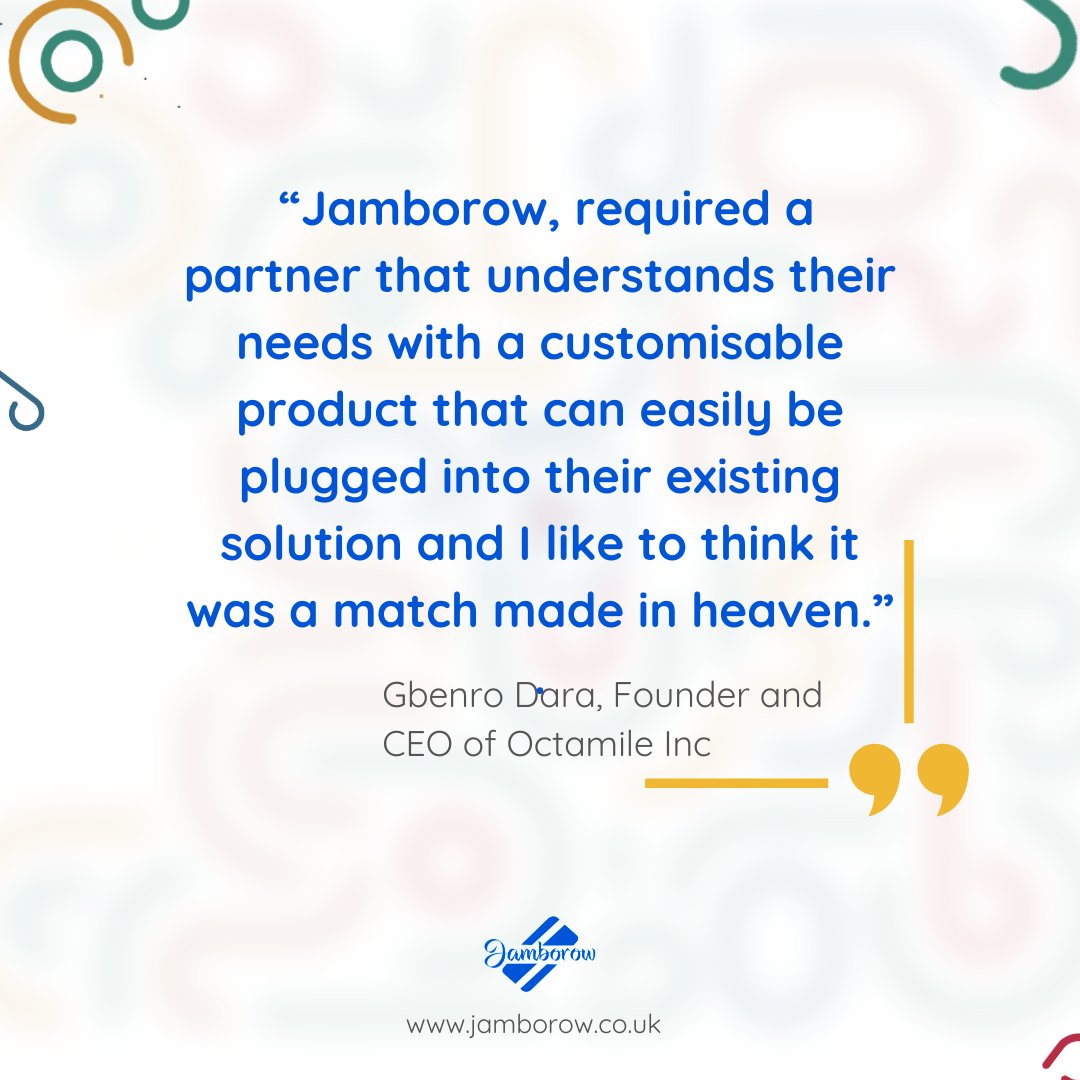 jamborowfintech's tweet photo. Speaking with https://t.co/HZIQ6ycN75, Gbenro Dara, Founder and CEO of Octamile  Inc had the above to say about Jamborow’s partnership with Octamile. 

To learn more about Jamborow, visit, https://t.co/LuPBJNum2Q https://t.co/SZzNOX065I