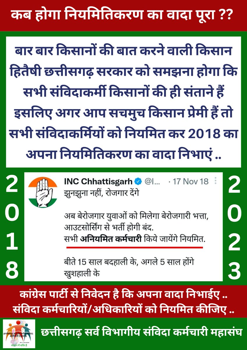 किसान हितैषी सरकार माननीय मुख्यमंत्री <a href="/bhupeshbaghel/">Bhupesh Baghel</a> जी को समझना होगा की सभी संविदा कर्मी किसानों के ही संतान हैं अगर आप सचमुच किसान प्रेमी हैं तो संविदा नियमितीकरण में देर क्यों...??
#संविदाकर्मी_मांगे_नियमितीकरण
#संविदा_मुक्त_छत्तीसगढ़
#Cgsanvidaniymitikaran

<a href="/RahulGandhi/">Rahul Gandhi</a>