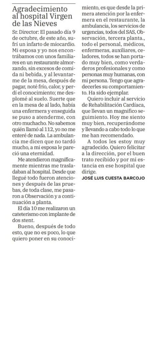 HUVN (@hospital_hvn) on Twitter photo Gracias José Luis por estas palabras de agradecimiento publicadas hoy en <a href="/ideal_granada/">ideal_granada</a> que demuestran la importancia del trabajo en equipo, de toda una cadena de grandes profesionales, con vocación, humanización y conocimientos de alto nivel.
Nos alegramos de su recuperación 💐 Gracias José Luis por estas palabras de agradecimiento publicadas hoy en <a href="/ideal_granada/">ideal_granada</a> que demuestran la importancia del trabajo en equipo, de toda una cadena de grandes profesionales, con vocación, humanización y conocimientos de alto nivel.
Nos alegramos de su recuperación 💐