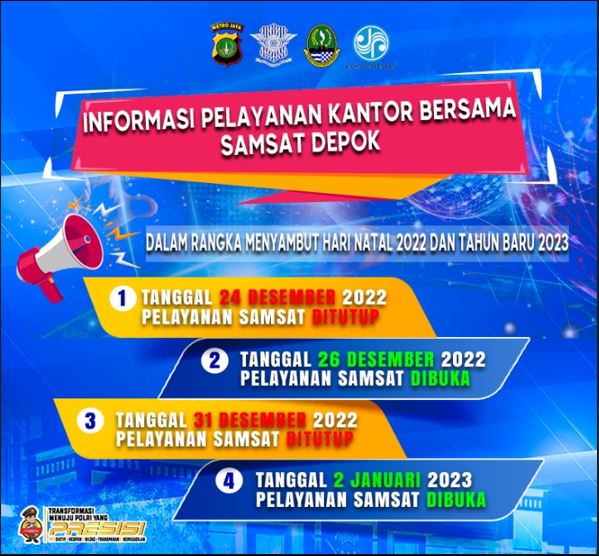 SAMSATDEPOK2's tweet photo. Informasi Pelayanan Samsat Kota Depok
Dalam Rangka menyambut Hari Natal 2022 dan Tahun Baru 2023
Hari Sabtu 24 Desember 2022 Pelayanan Samsat Tutup dan buka lagi Tanggal 26 Desember 2022
Hari Sabtu 31 Desember 2022 Pelayanan Samsat Tutup dan buka lagi tanggal 2 Januari 2023 https://t.co/k1W76Mhlhm