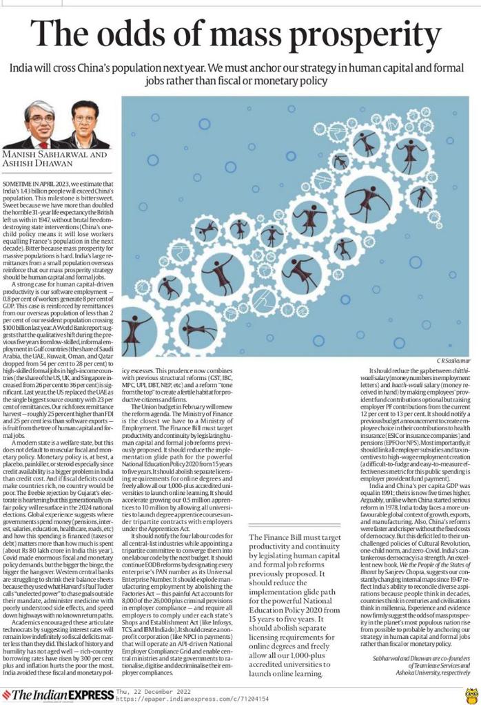 TCFtweet's tweet photo. With India set to overtake China's population in 2023, it might be time for India to anchor its strategy in human capital &amp; formal jobs to achieve mass prosperity. TCF Founder-CEO @AshishDhawanTCF &amp; Manish Sabharwal, Vice-Chairman, @TeamLease make a case: https://t.co/HmdTqYL5KT https://t.co/UcbGbDTSMU