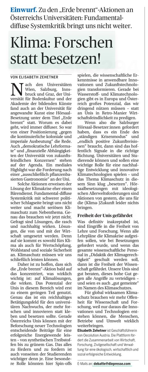 Wären es nicht gerade Universitäten und Studierende, die eine wichtige Rolle für eine nachhaltige Entwicklung und innovative #Klimatechnologien spielen? Hier mein Kommentar in der @diepressecom zu den #Unibesetzungen.