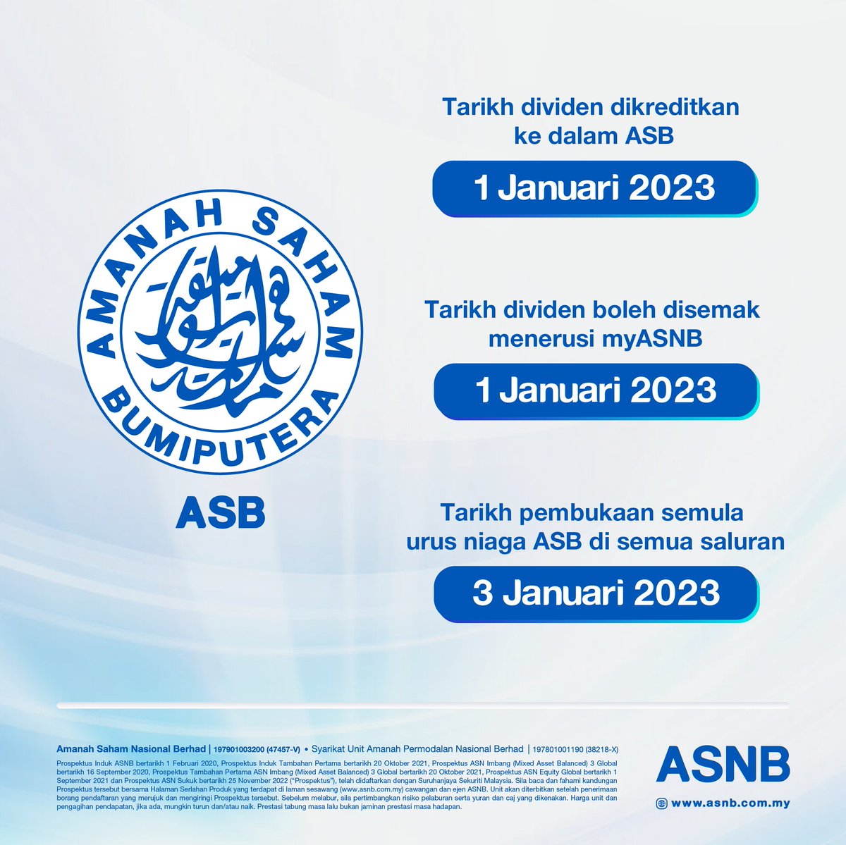 Pengagihan pendapatan dan bonus ASB akan dikreditkan ke dalam akaun pemegang unit pada 1 Januari 2023.

Ketika ini, urus niaga ASB ditangguhkan untuk pengiraan pendapatan dan bonus dari 22 hingga 31 Disember 2022.