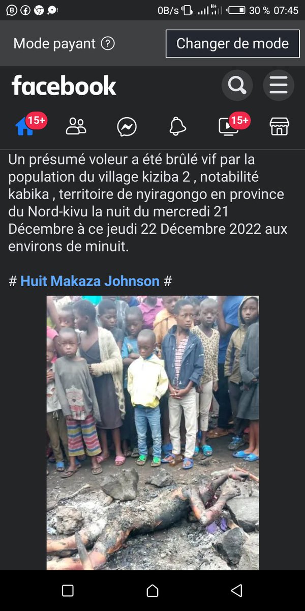 Un présumé #voleur a été brûlé vif par la population du village kiziba 2, notabilité kabika territoire de #nyiragongo, en province du #Nord-kivu,la nuit du mercredi 21 Décembre à ce jeudi 22 Décembre 2022 à 00'h.<a href="/PatrickMuyaya/">Patrick Muyaya</a> ,<a href="/Presidence_RDC/">Présidence RDC 🇨🇩</a>