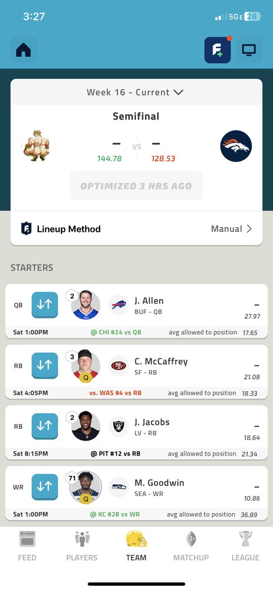 _Anthony4k_'s tweet photo. @Cardball11 @NFLFantasy This is my team and my only weakness is WR in my opinion. Josh Allen, CMC, Jacobs, and Parson normally carry but I feel Denver LB has a better matchup against LA. Same with Rayshawn against the jets. https://t.co/9HChlCAZ96