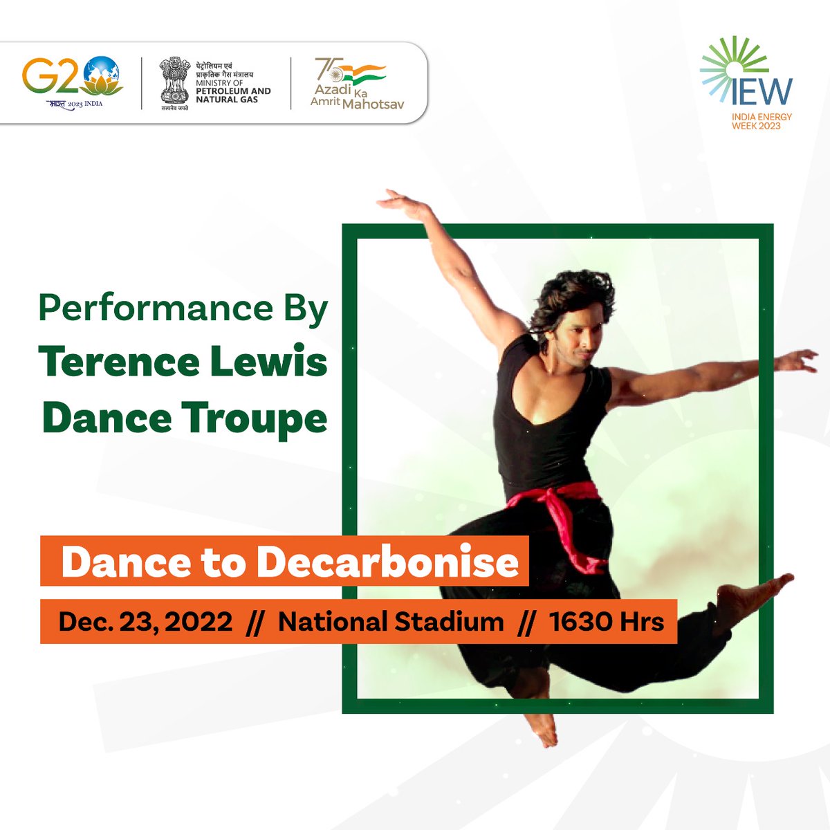 PetroleumMin's tweet photo. Catch us #live tomorrow from Delhi's magnificent National Stadium where the popular 'Terence Lewis dance troupe' will perform & demonstrate new possibilities around #sustainability. 🕰️4:30 pm onwards
#IndiaEnergyWeek #G20 #IEW2023 #DanceToDecarbonise #terencelewis https://t.co/rfwX7FVDcK