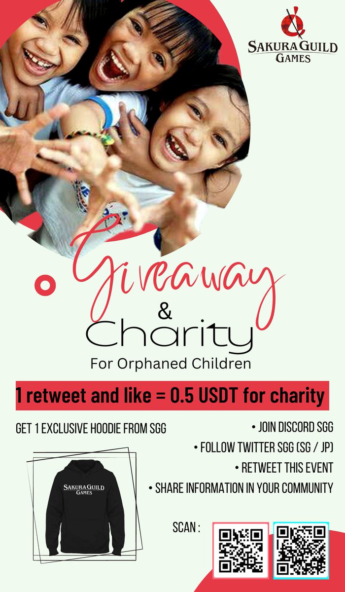 Event Giveaway and charity Clan AB support by SAKURA GUILD GAME. 

Donate to orphans and underprivileged children and make others smile and be happy and bonus get exclusive hoodie from SGG

<a href="/sakuraguild_sg/">SAKURA GUILD GAMES【official】</a> <a href="/sakuraguild_jp/">サクラギルドゲームズ【日本語公式】</a> <a href="/sakuraunited_sg/">SAKURA UNITED PLATFORM【official】</a> @rosesakura9999 

#charity #Giveaway #sgg