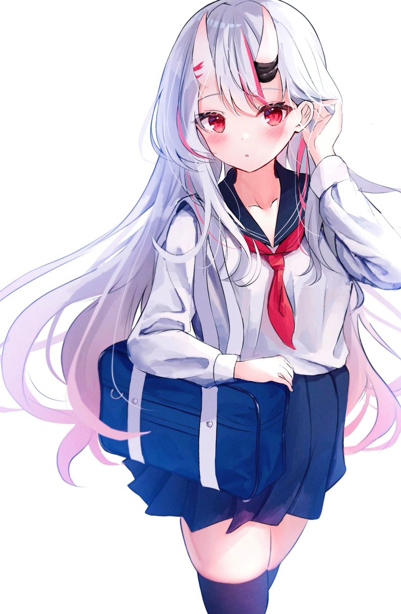 nakiri ayame 1girl solo horns thighhighs long hair red eyes school uniform  illustration images