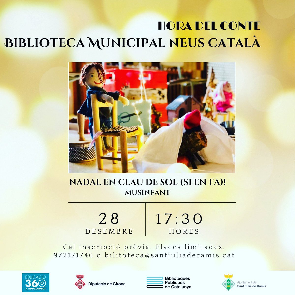 bibNeusCatala's tweet photo. Atenció! 
Hora del Conte de 0 a 6 anys el dimecres 28 de desembre a les 17:30h amb @musinfant 👼
📣Deguda a la gran afluència d’inscripcions la sessió és farà a la Sala 3 del Pavelló Esportiu

@bibliotequescat @bibgirona @sjramis https://t.co/eJwPEoD2sf