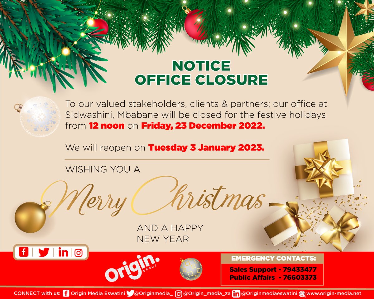 Originmedia_'s tweet photo. | NOTICE OF FESTIVE SEASON OFFICE CLOSURE | 🗞️ https://t.co/yPzxbmijF4