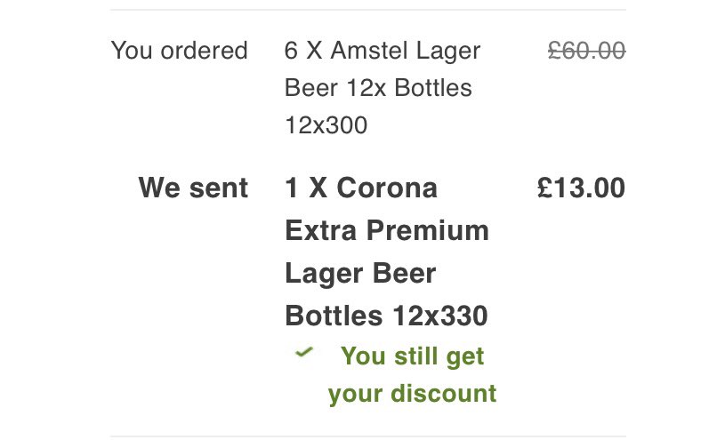 SarahWelham1's tweet photo. @asda had a home delivery yesterday. Ordered 6 x 12 boxes of lager. Received 12 bottles of another as a substitute. I returned that box with the driver. Bear in mind this value is £60 and haven’t received my refund or received an email 🙇🏻‍♀️ https://t.co/IBA7Uw29Hr