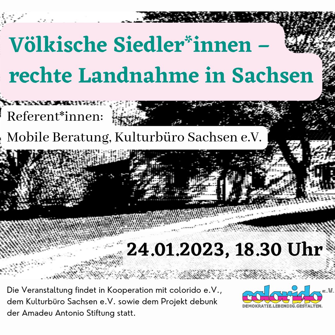 24.01.2022 Vortrag und Diskussion in #Plauen: Völkische Siedler*innen – rechte Landnahme in Sachsen
Vormerken!
colorido.de/24-01-2022-vor…
#Rechtsextremismus #RechteLandnahme #VölkischeSiedler #Sachsen #Vogtland