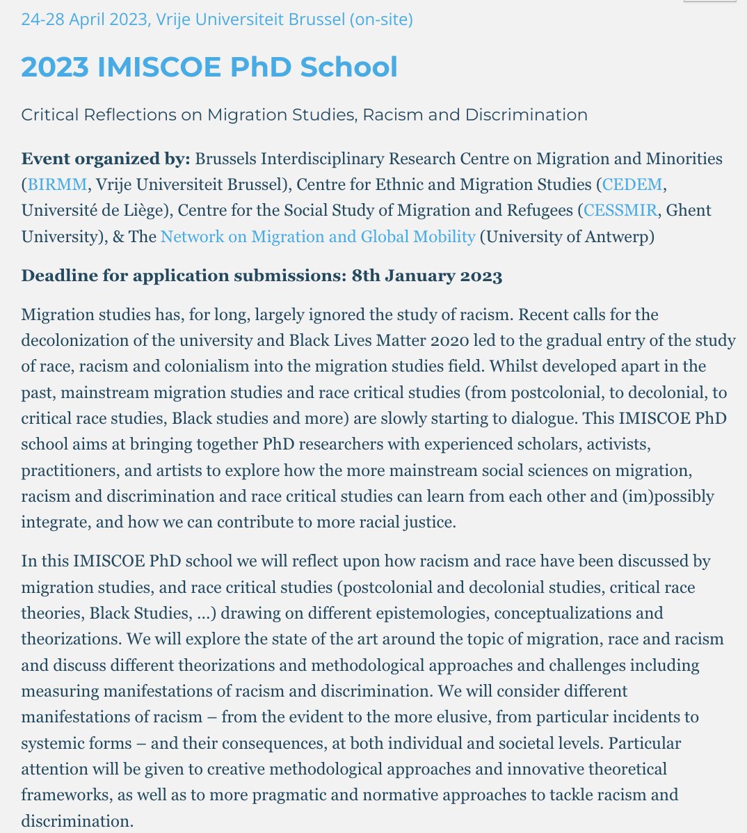 IMISCOE (@imiscoe) on Twitter photo 📢Join the 2023 <a href="/IMISCOE/">IMISCOE</a> PhD School organised by <a href="/BIRMM_VUB/">BIRMM</a>, <a href="/Cedem_ULiege/">CEDEM-ULiège</a>, <a href="/CESSMIR/">CESSMIR</a> & the Network on Migration & Global Mobility (<a href="/UAfsw/">UniversityAntwerpFSW</a>)
🗓️24-28 April 2023
📍On-site at <a href="/VUBrussel/">VUB</a>
⏳Apply by: 8 January 2023
👀Find out more: imiscoe.org/events/imiscoe… 📢Join the 2023 <a href="/IMISCOE/">IMISCOE</a> PhD School organised by <a href="/BIRMM_VUB/">BIRMM</a>, <a href="/Cedem_ULiege/">CEDEM-ULiège</a>, <a href="/CESSMIR/">CESSMIR</a> & the Network on Migration & Global Mobility (<a href="/UAfsw/">UniversityAntwerpFSW</a>)
🗓️24-28 April 2023
📍On-site at <a href="/VUBrussel/">VUB</a>
⏳Apply by: 8 January 2023
👀Find out more: imiscoe.org/events/imiscoe…