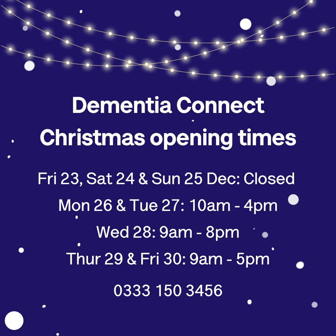 Our Dementia Connect support line is open today (Thurs 22 Dec) from 9am-5pm, on 0333 150 3456 - but will be closed from Fri 23 Dec until 10am Mon 26 Dec.

Talking Point is available 24/7 if you need support: forum.alzheimers.org.uk.