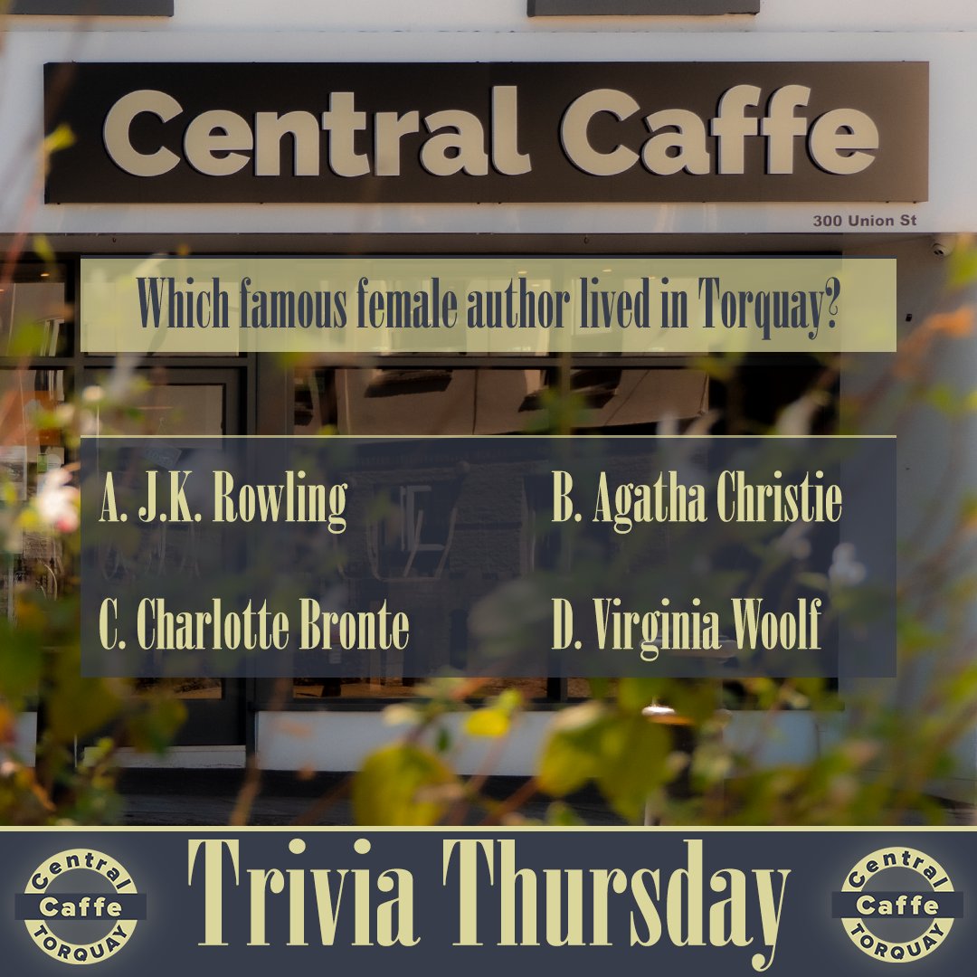 CentralCaffe's tweet image. We are continuing Trivia Thursday! 😎📖

The answer for last week was… C!

Which famous female author lived in Torquay?
J.K. Rowling
Agatha Christie
Charlotte Bronte
Virginia Woolf

Let us know your answers in the comments below!

See ya in a week! 😀

#trivia #torbaytrivia