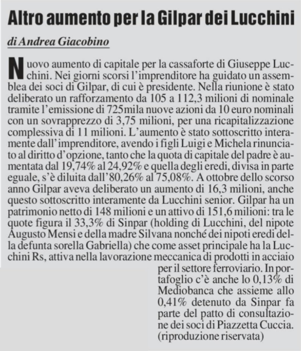 andreagiacobin1's tweet image. Altro aumento per la #Gilpar dei #Lucchini. Su MF 22/12/22. #sinpar @mediobanca @Siderweb @GdB_it @corrierebrescia @bresciaoggi_it @BresciaOggiIT