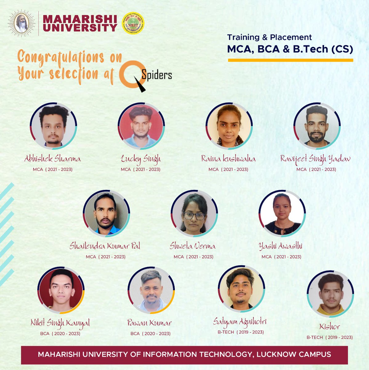 muitindia's tweet photo. We proudly announce that our B. Tech (CS), BCA and MCA students of Lucknow campus have been placed at Spiders. We congratulate all the selected students on their achievement and wish them success.
#placement2022 #muitlucknow #MaharishiUniversity #MUIT #bestuniversity https://t.co/qkuG9yaeEc