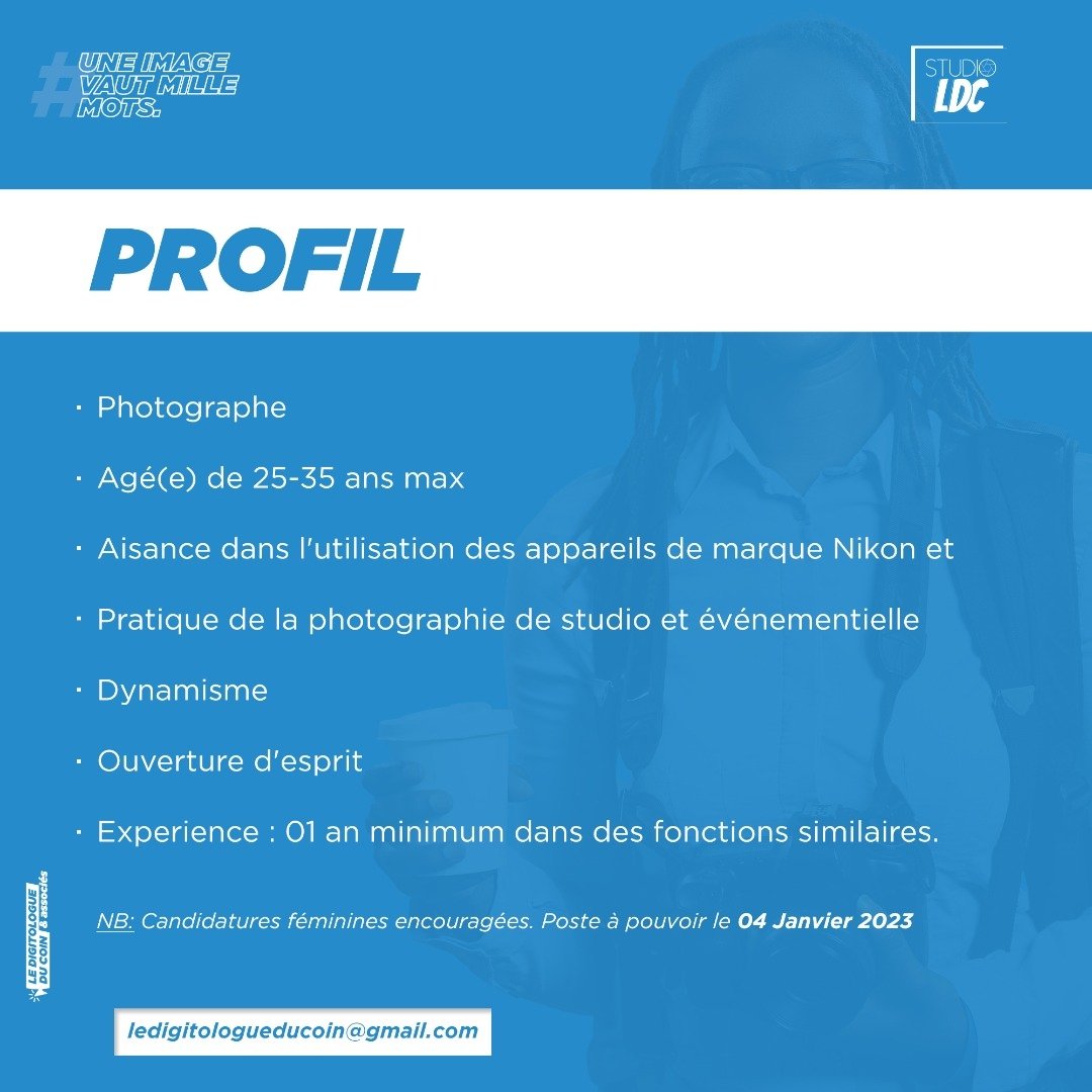 JoMbota_'s tweet photo. #JobAlert
02 postes à pouvoir au sein de notre agence. 
- RESPONSABLE STUDIO PHOTO
- CONTENT CREATOR
Date de prise de fonction : 04 Janvier 2023, à Douala. 
Descriptions des postes 👇🏾👇🏾👇🏾
. 
. 
. 
#RTapprecies https://t.co/cfQx2r9Iru