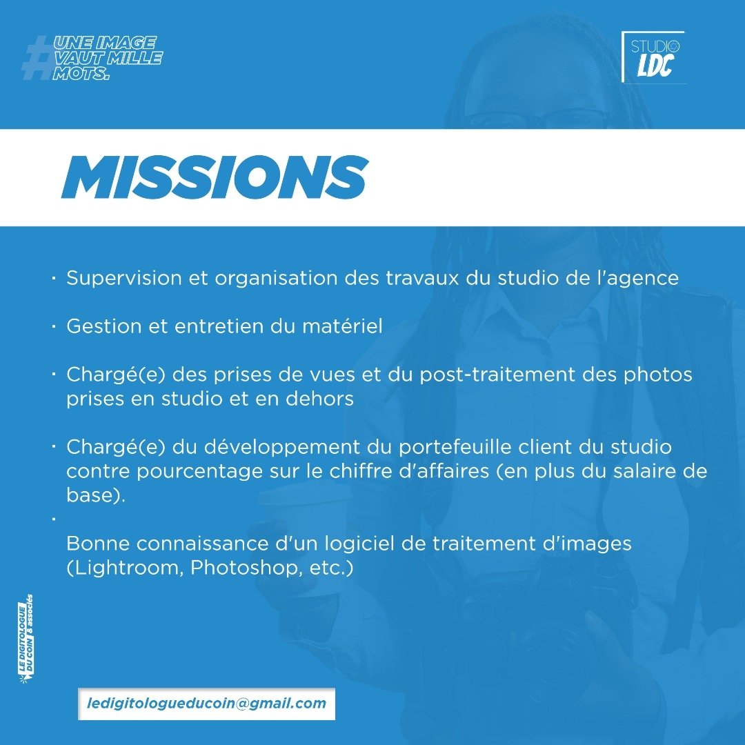 JoMbota_'s tweet photo. #JobAlert
02 postes à pouvoir au sein de notre agence. 
- RESPONSABLE STUDIO PHOTO
- CONTENT CREATOR
Date de prise de fonction : 04 Janvier 2023, à Douala. 
Descriptions des postes 👇🏾👇🏾👇🏾
. 
. 
. 
#RTapprecies https://t.co/cfQx2r9Iru