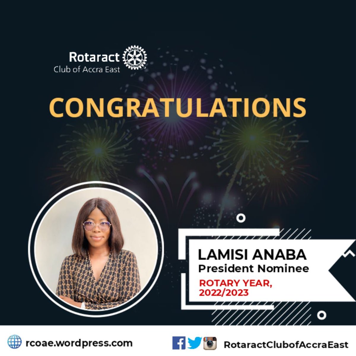 rocaccraeast's tweet photo. 🥂 Join us in congratulating our star club's PRESIDENT NOMINEE for the Rotary Year, 2022/2023 🍷 

We wish you all the very best, PN. Lamisi Anaba - @THELAMISI 👏🏽

#TheStarClubPresidentNominee
#RotaractGhanaLeadership
#ImagineRotary https://t.co/BtCTFQ6T2U