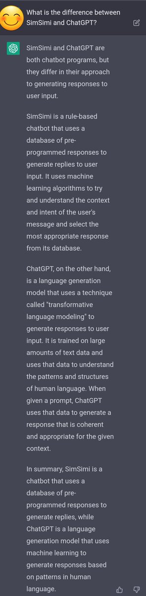 SimSimi_en's tweet image. Everyone is talking about #OpenAI #ChatGPT these days 🔥

So we decided to join the conversation 🗣

We asked #ChatGPT to tell us whether 1️⃣ it knows about #SimSimi and 2️⃣ the difference between the two #chatbot programs.

Tap photos to see the answers👇🏻
