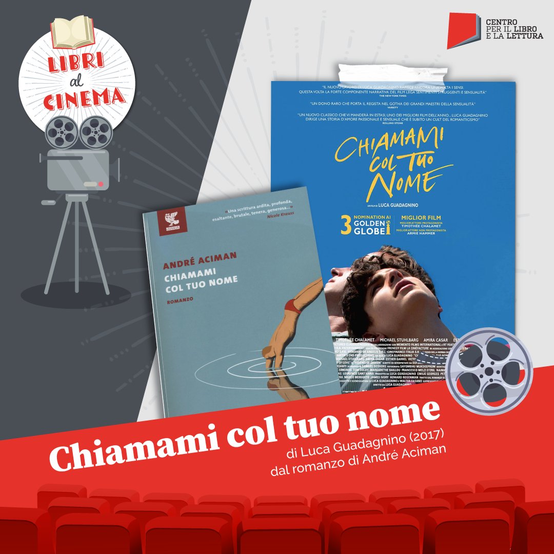 Centro_libro's tweet photo. 🎥 Chiamami col tuo nome 🎥

🔻 Il libro al cinema di oggi è il romanzo di André Aciman (2007) da cui è tratto l'omonimo film del 2017 del regista Luca Guadagnino con Timothée Chalamet e Armie Hammer. 

#LibriAlCinema #CentroLibro https://t.co/KILsTlspP3