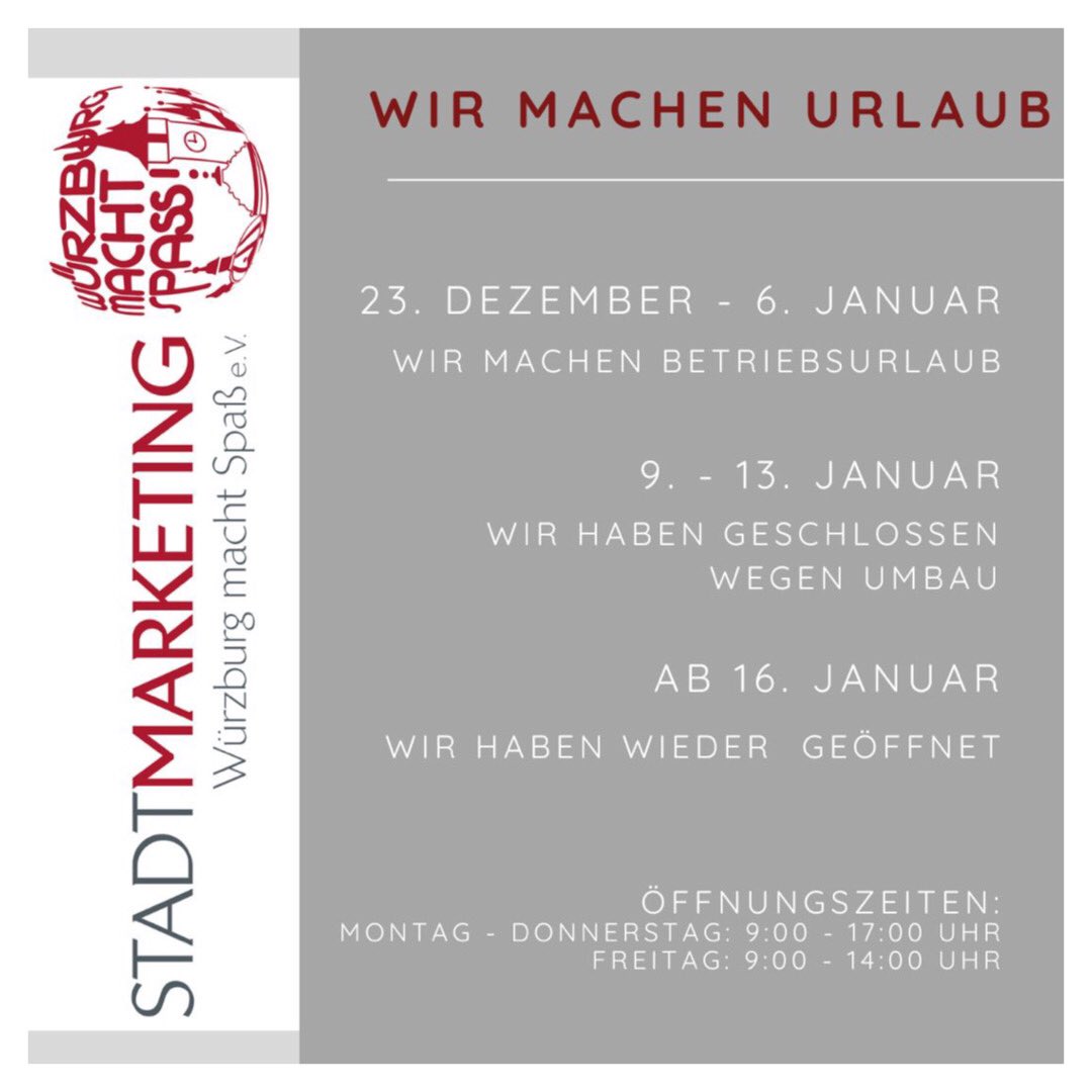 Vom 24. Dezember 2022 bis zum 15. Januar 2023 bleibt unsere Geschäftsstelle geschlossen.
 
Wir freuen uns Sie am 16.01.2023 wieder begrüßen zu dürfen. Vielen Dank und frohe Festtage!

#würzburg #wuems