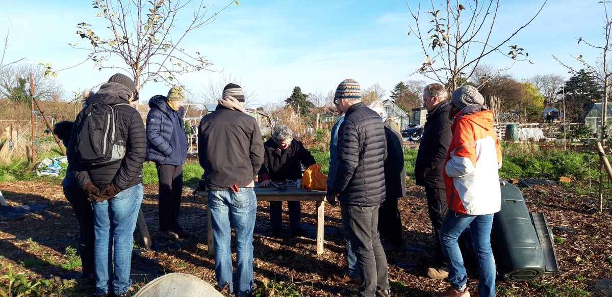 gardenorganicuk's tweet photo. Expert #organicgardener Sally Cunningham visited Grove Allotments in Leicestershire to deliver a #fruitpruning workshop last week. If you'd like to improve your #pruning skills, Sally is leading 2 workshops: online on Jan 25 & face-to-face on Feb 2. Book๐https://t.co/ZVgN8jA94G https://t.co/xZE7RHedAj
