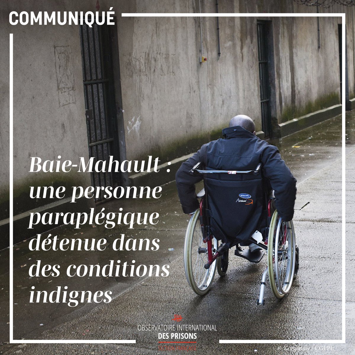 📢Malgré un état de santé incompatible avec une incarcération dans l’établissement, une personne en fauteuil roulant est détenue à la #prison de Baie-Mahault (Guadeloupe) dans des conditions qui portent une atteinte grave à sa dignité. 
Notre communiqué▶️ oip.org/communique/cen…