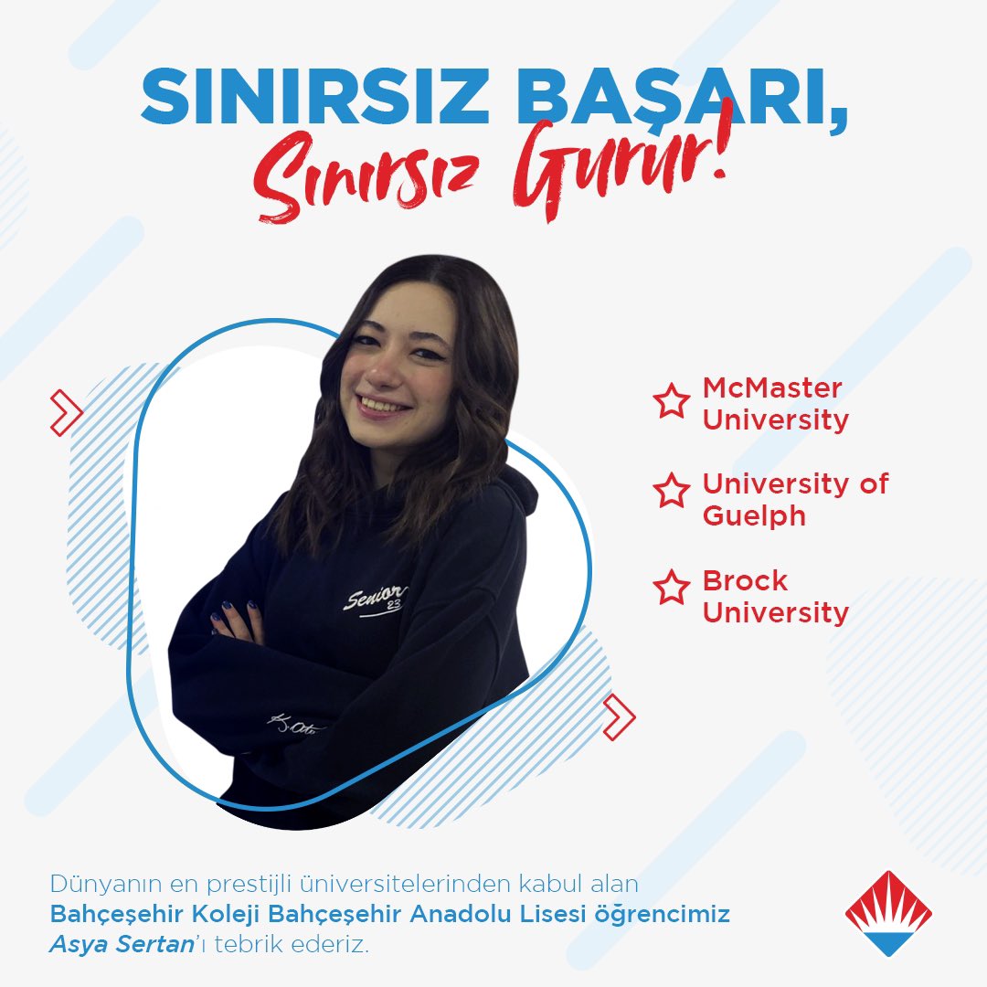 bahcesehir_k12's tweet photo. Tebrikler Asya! ✨

Bahçeşehir Anadolu Lisesi öğrencimiz Asya Sertan, McMaster University, University of Guelph ve Brock Univeristy’den kabul aldı.

Gururluyuz! ❤️💙
Yolun açık olsun Asya! 👏🏻

#bahçeşehirkoleji https://t.co/OEUyJwxNpk