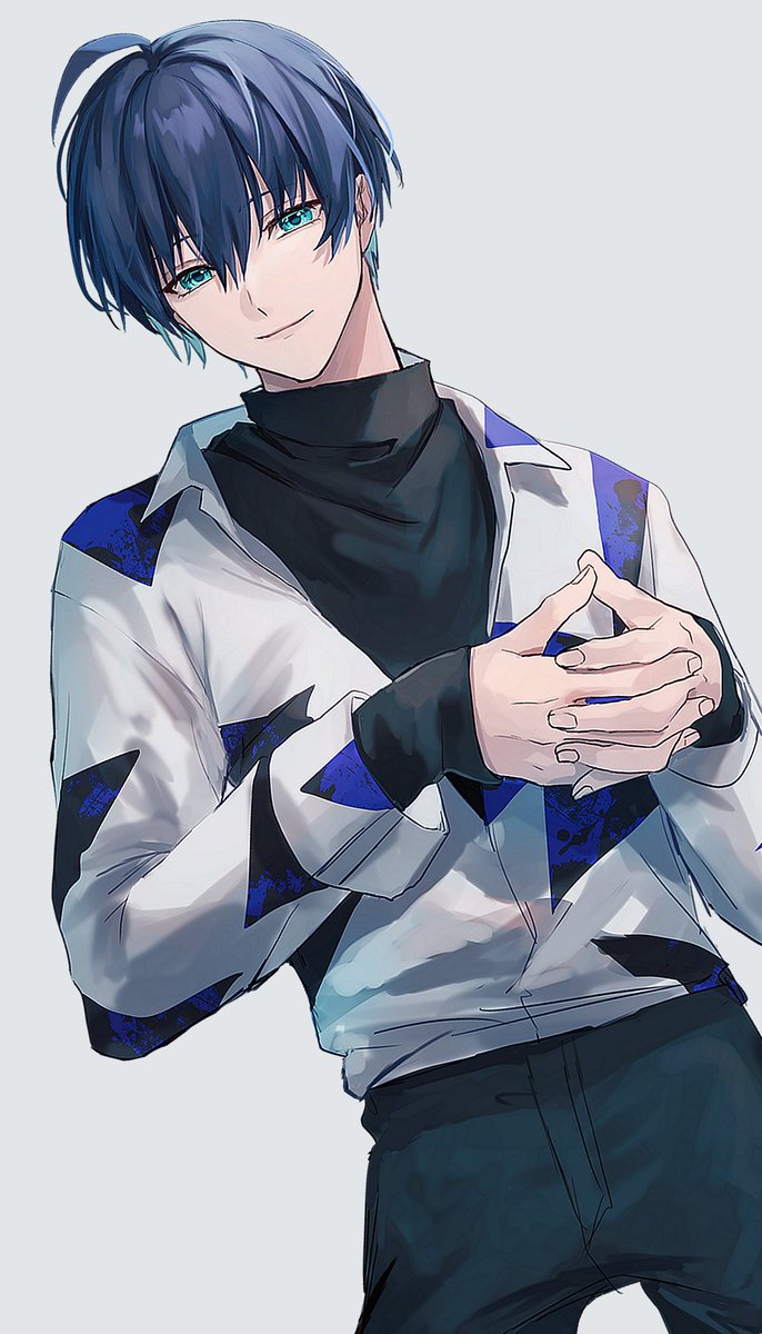 1boy male focus solo pants blue hair jacket black pants  illustration images