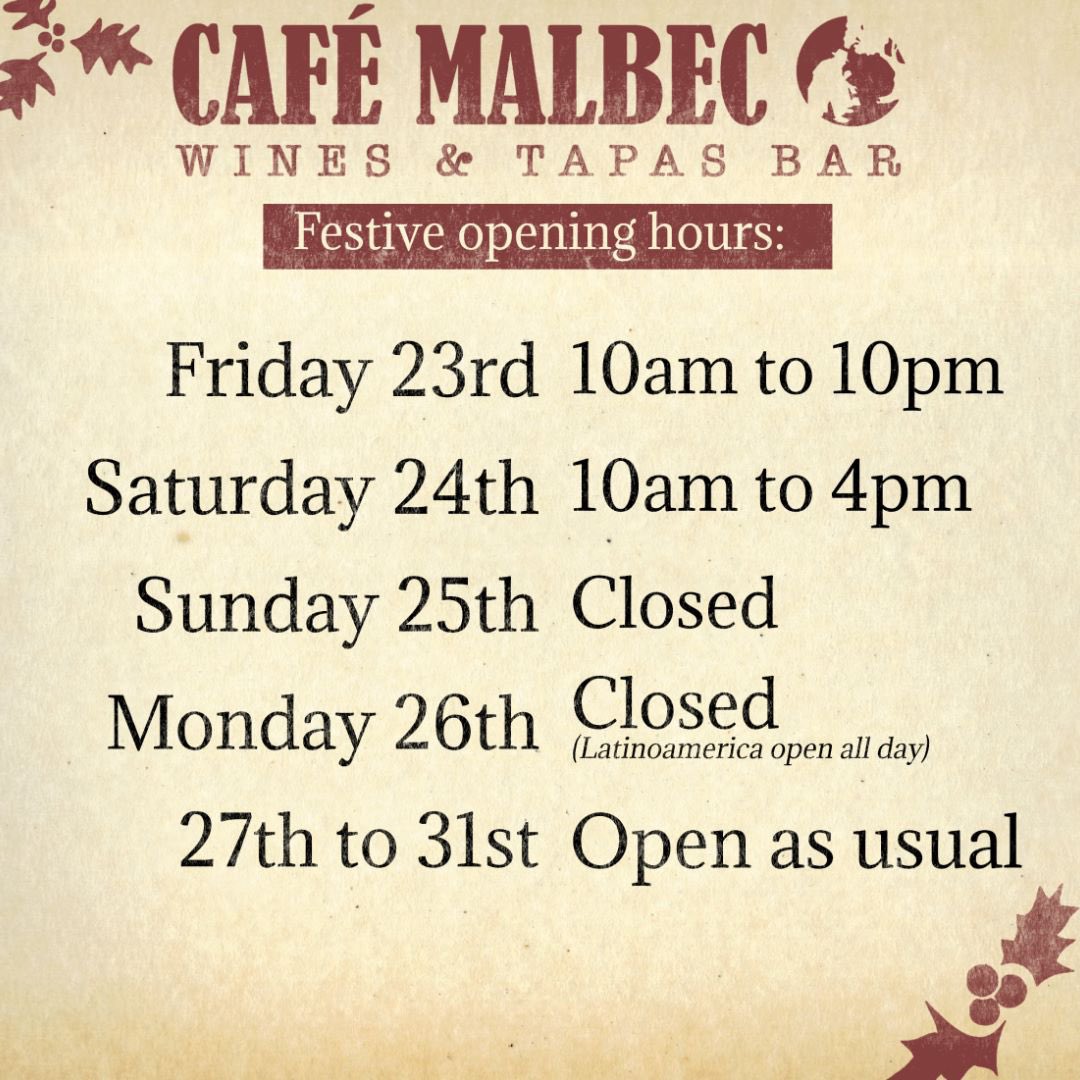 Festive Christmas opening times  for next 8 days 

#Christmas #hove #december #dayoff #navidad #tapas #cafemalbec
