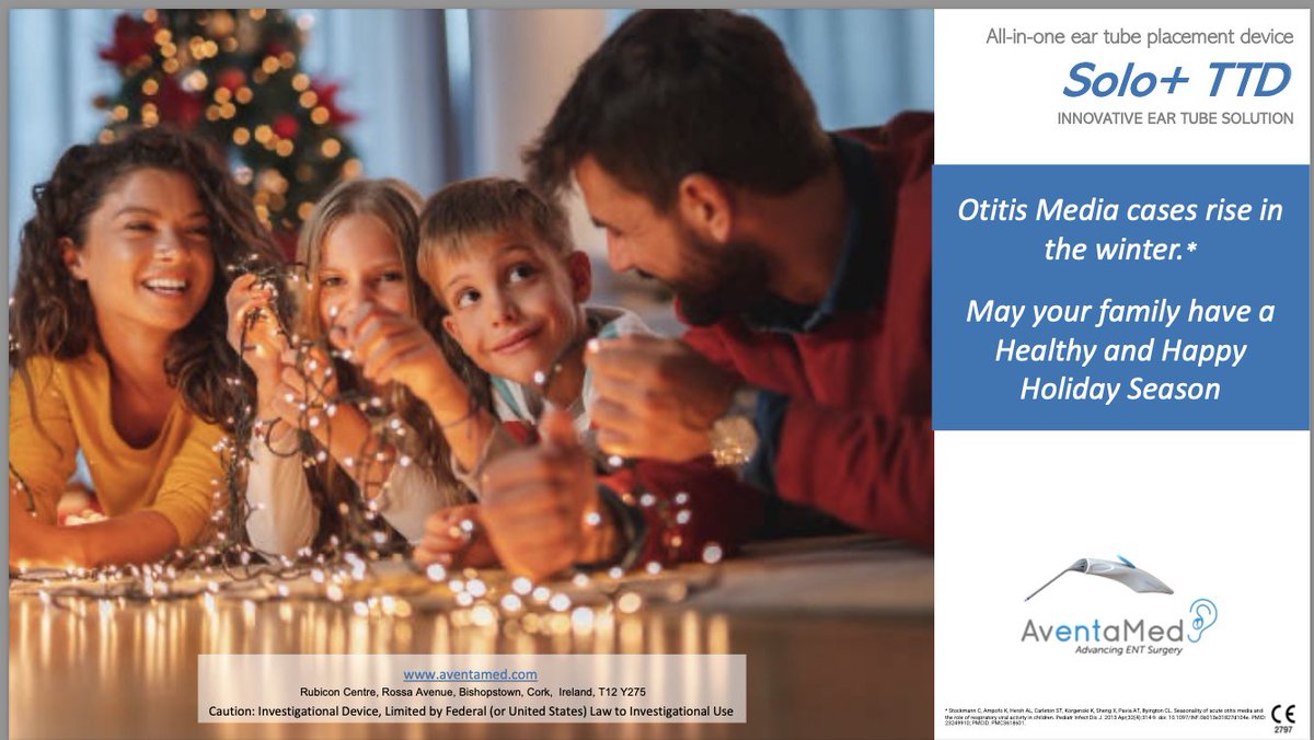 Otitis Media cases rise in the winter.*
May your family have a Healthy and Happy Holiday Season
Follow AventaMed:
LinkedIn
Facebook,
Twitter
aventamed.com
#eartubes #childrenshealth #ear #otorhinolaryngology #makeitsimple #eartubesurgery #otitis #otitismedia