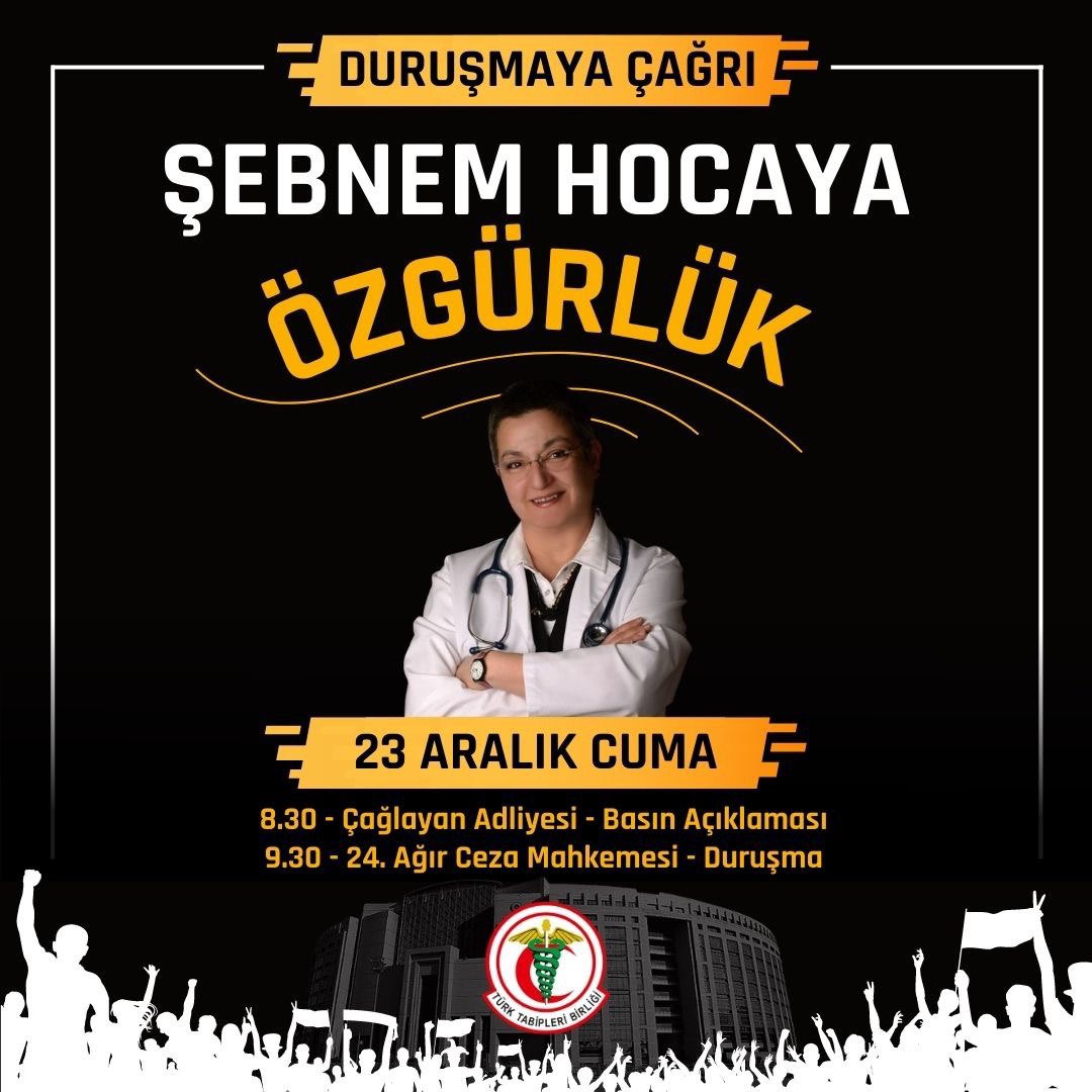 İnsan hakları, barış ve demokrasi mücadelesinde yol arkadaşımız, sevgili hocamız Şebnem Korur Fincancı <a href="/SKorurFincanci/">Sebnem KorurFincanci</a> için yarın (23 Aralık Cuma) saat 8.30'da Çağlayan Adliyesinin önünde buluşalım!

#ŞebnemHocayaÖzgürlük 
#ŞebnemKorurFincancıOnurumuzdur 
<a href="/freesebnem/">Şebnem Hocaya Özgürlük | #FreeŞebnem</a>