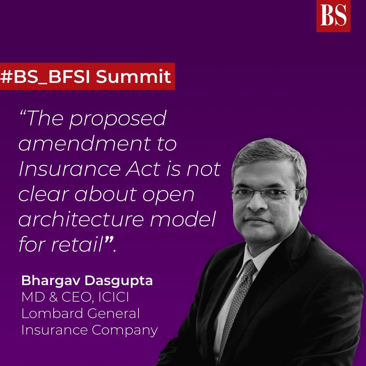 bsindia's tweet image. #BS_BFSI | The proposed amendment to Insurance Act is not clear about open architecture model for retail, says Bhargav Dasgupta, MD &amp;amp; CEO, ICICI Lombard General Insurance Company

@ICICILombard #mutualfunds #InsuranceAct