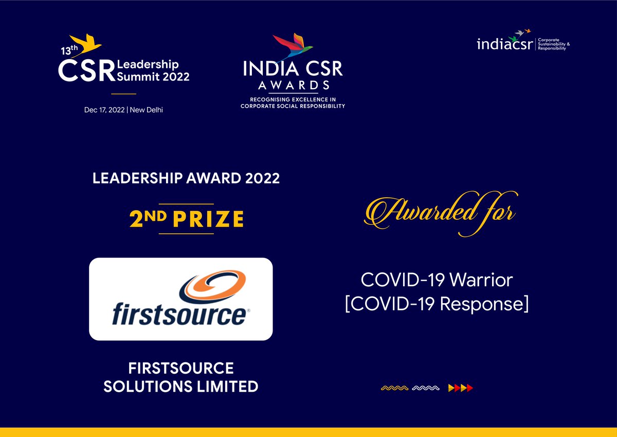 INDIACSR's tweet photo. The 13th Edition of the India CSR Leadership Summit Award 2022 - Firstsource Solutions Limited , Awarded for COVID-19 Warrior [COVID-19 Response]

@firstsource
#Firstsource #CSRLeadershipSummit #IndiaCSRAwards #CSR #CorporateSocialResponsibility #IndiaCSR #India https://t.co/j3rNO3aK8u