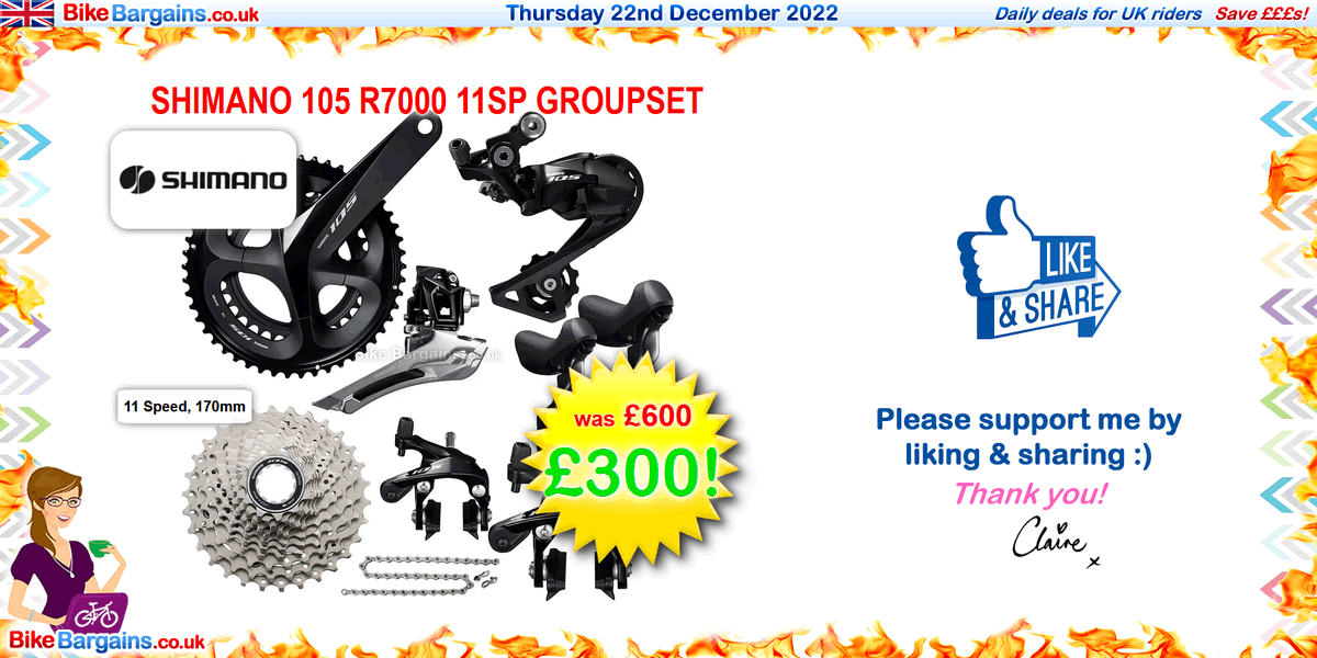 CycleBargains's tweet photo. Complete Shimano 105 Groupset for under £300! 🚲
 
🔥 https://t.co/XYxn7fkMgT ⬅ £299 Shimano 105 11 Speed Groupset

📝 11 Speed, 170mm (RRP £600!)
 
Enjoy your day - hope you get out for a ride! Claire😃 https://t.co/0uN2yK6O34
