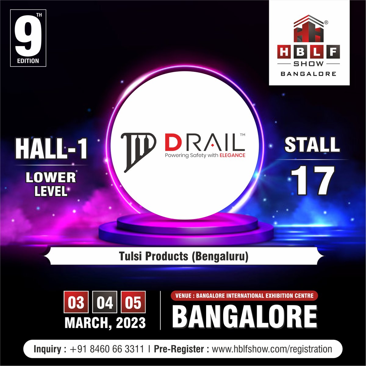 We are honored to welcome @drail_railing as a participant at India's 9th Edition of the Largest Architectural and Interior Products Exhibition, #HBLFShow2023, Bangalore.

#DRail #DRailBangalore #TulsiProducts #RailingSolutions #HBLFShow #HardwareExhibition #HardwareShow