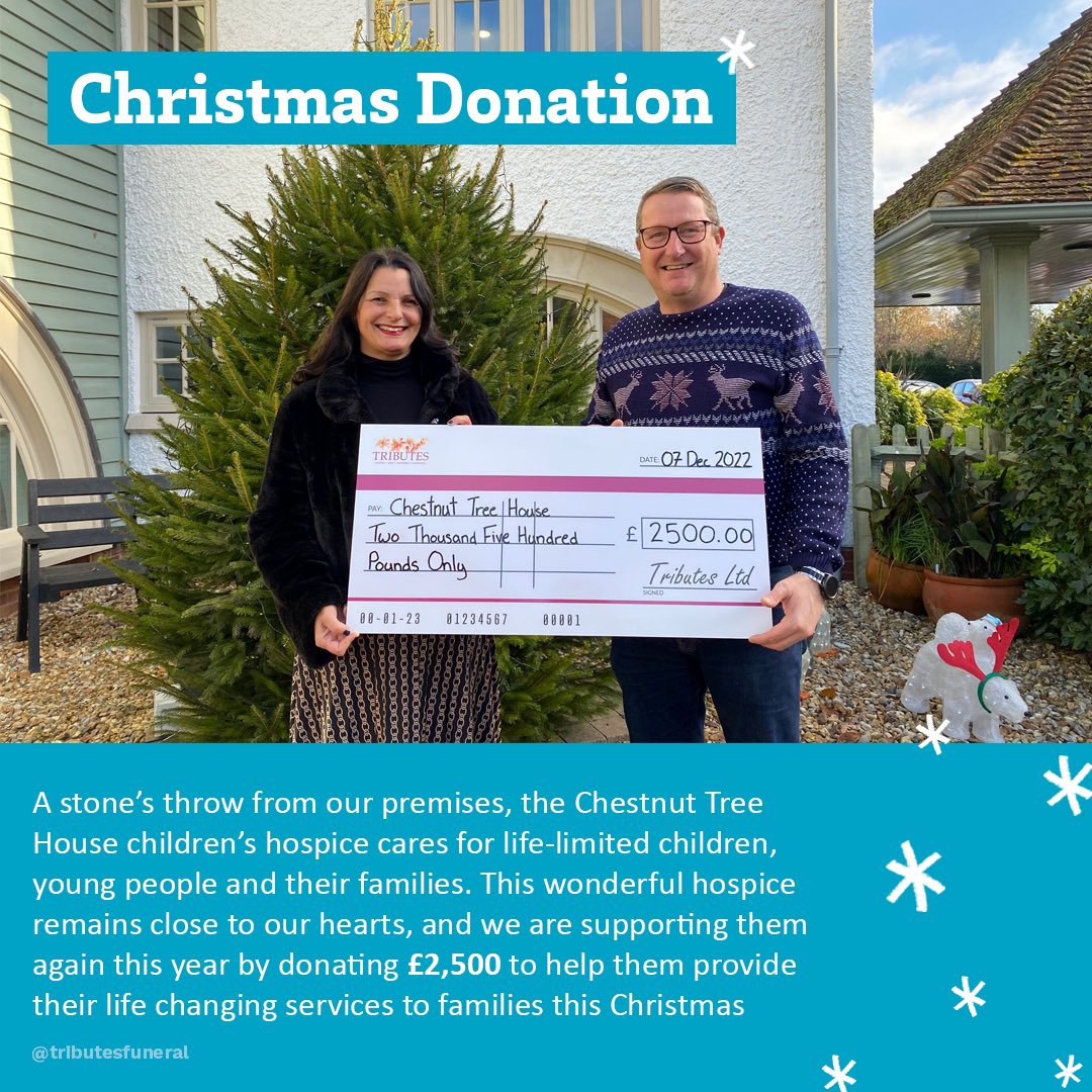 tributesfuneral's tweet photo. As a charity that remains close to our hearts, this year we’ve donated £2,500 to @ChestnutSussex to help them provide their life changing services to families this Christmas 🎅🏻🎄

#charity #chestnuttreehouse #childrenshospice #families https://t.co/vrzyuIz7Kb